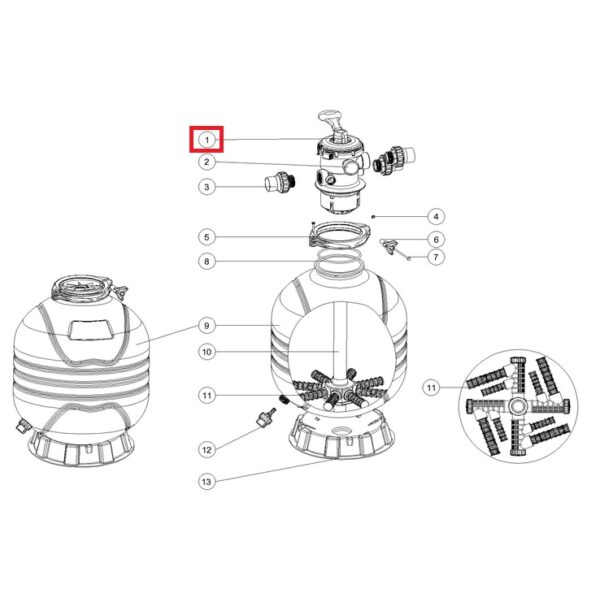 Кран шестиходовий Emaux 1.5'' Т/MFV 88281550B, (верхнє підключення)