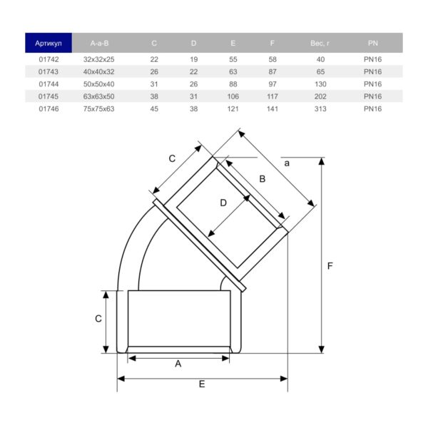 img_ru_61.jpg Коліно клейове 45° ПВХ Hidroten 1001744, редукційне, d50x50x40 мм